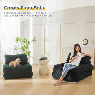 MAXYOYO Fuzzy Folding Sofa Bed, Convertible Sleeper Chair with Pillow Foldable Mattress with Back Support, Black
