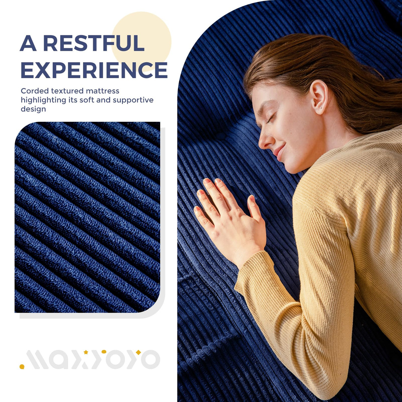MAXYOYO Tri-Fold Mattress, 6 Inch Tufted Folding Mattress Full Foam Bed with Corded Fabric, Navy