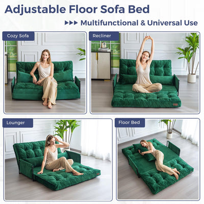 MAXYOYO Adjustable Floor Sofa Couch, Velvet Convertible Lazy Sofa Sleeper Bed with Pillows and Armrest, Double, Green