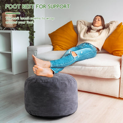 MAXYOYO Round Stuffed Pouf Ottoman, Corduroy Poufs with Foam Chunk Filling, 20 X 15In, Dark Grey