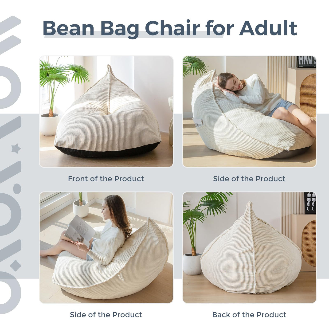 MAXYOYO Corduroy Bean Bag Chairs for Adult, Bean Bag Couch with Filler, Soft Lazy Sofa 43"x41"x35", Beige