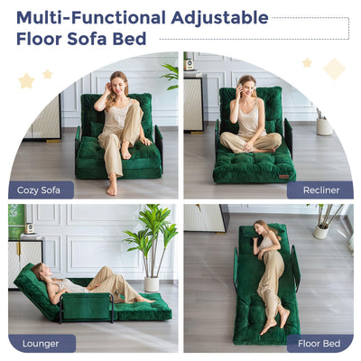 MAXYOYO Adjustable Floor Sofa Couch, Velvet Convertible Lazy Sofa Sleeper Bed with Pillow and Armrest, Single, Green