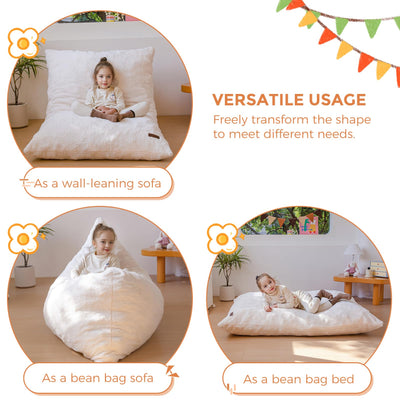 MAXYOYO 3 in 1 Kids Bean Bag Chair Bed, Faux Fur Child Floor Sofa for Gaming, Reading (Beige)