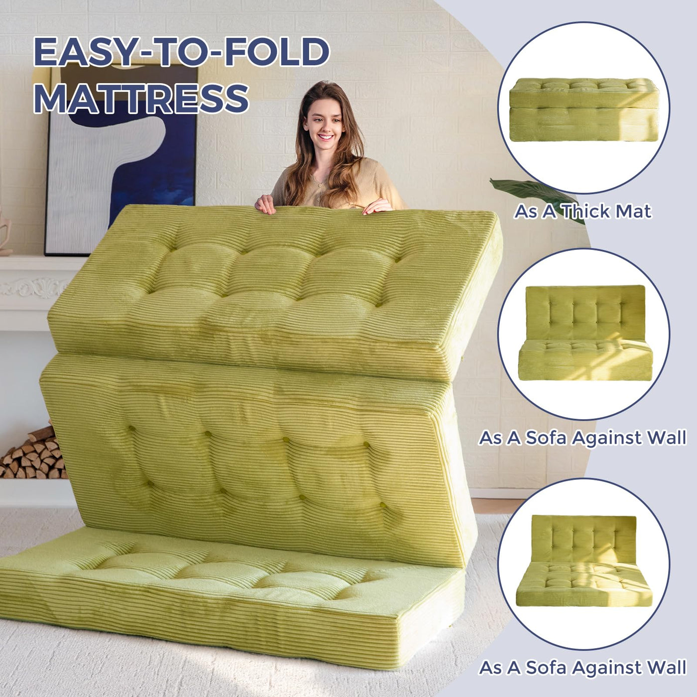 MAXYOYO Tri-Fold Mattress, 6 Inch Tufted Folding Mattress Full Foam Bed with Corded Fabric, Green