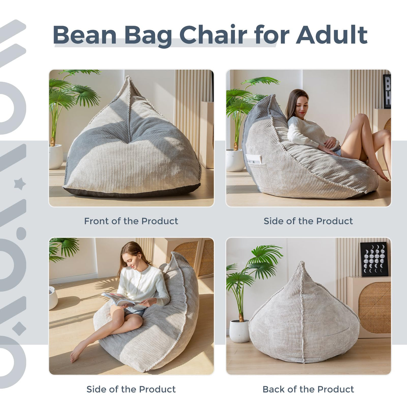 MAXYOYO Corduroy Bean Bag Chairs for Adult, Bean Bag Couch with Filler, Soft Lazy Sofa 43"x41"x35", Grey