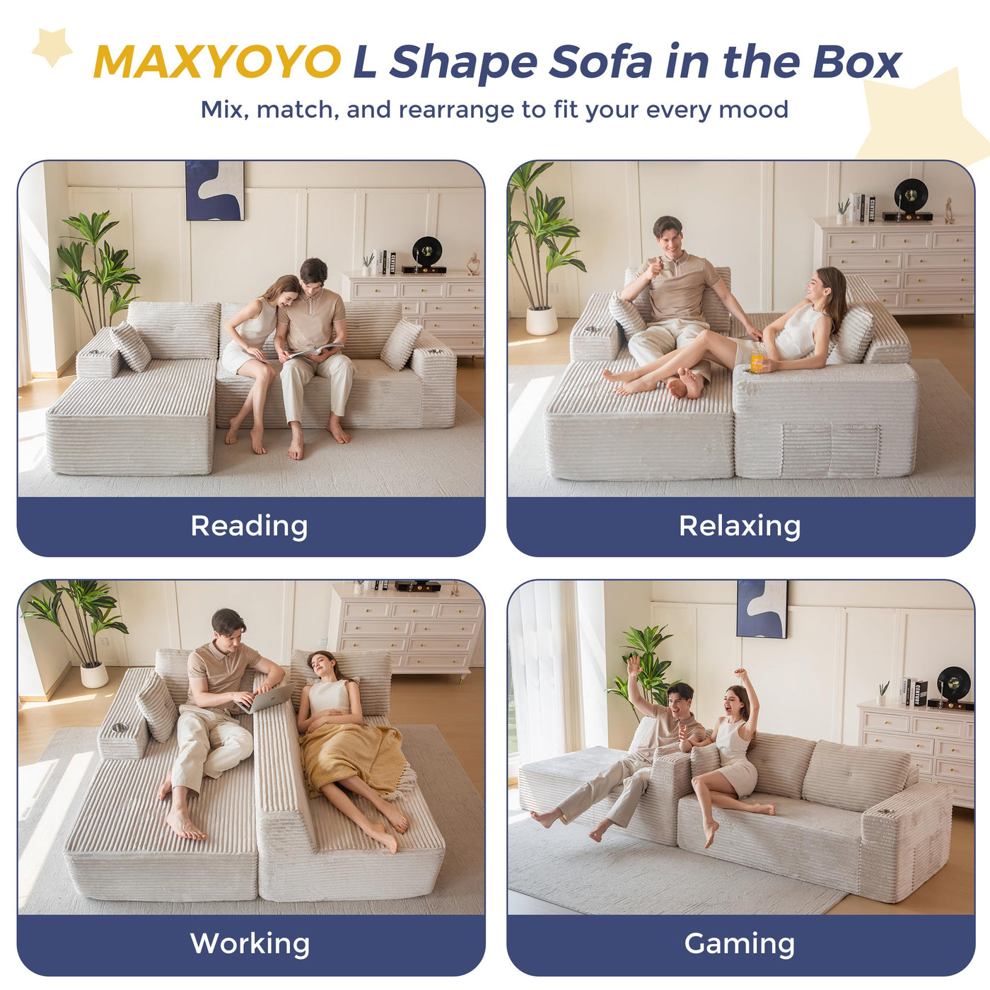 MAXYOYO 110" Modular Sectional Couch with L-Shape Chaise, Modern Couch for Living Room, Sofa in A Box, Upholstered Sofa Sleeper with Deep Seat, No Assembly Required, 2 Packages Included, Grey