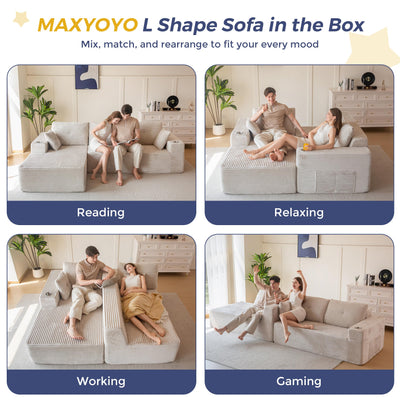 MAXYOYO 110" Modular Sectional Couch with L-Shape Chaise, Modern Couch for Living Room, Sofa in A Box, Upholstered Sofa Sleeper with Deep Seat, No Assembly Required, 2 Packages Included, Grey