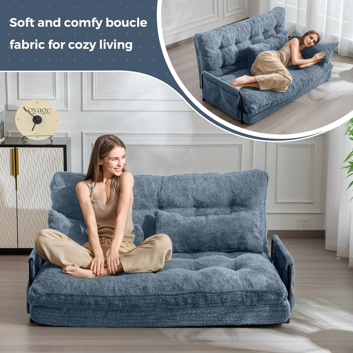 MAXYOYO Adjustable Floor Sofa Couch with 2 Pillows, Boucle Convertible Lazy Sofa Sleeper Bed with Armrest, Double, Dusty Blue