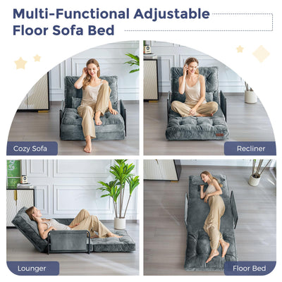 MAXYOYO Adjustable Floor Sofa Couch, Velvet Convertible Lazy Sofa Sleeper Bed with Pillow and Armrest, Single, Dark Grey