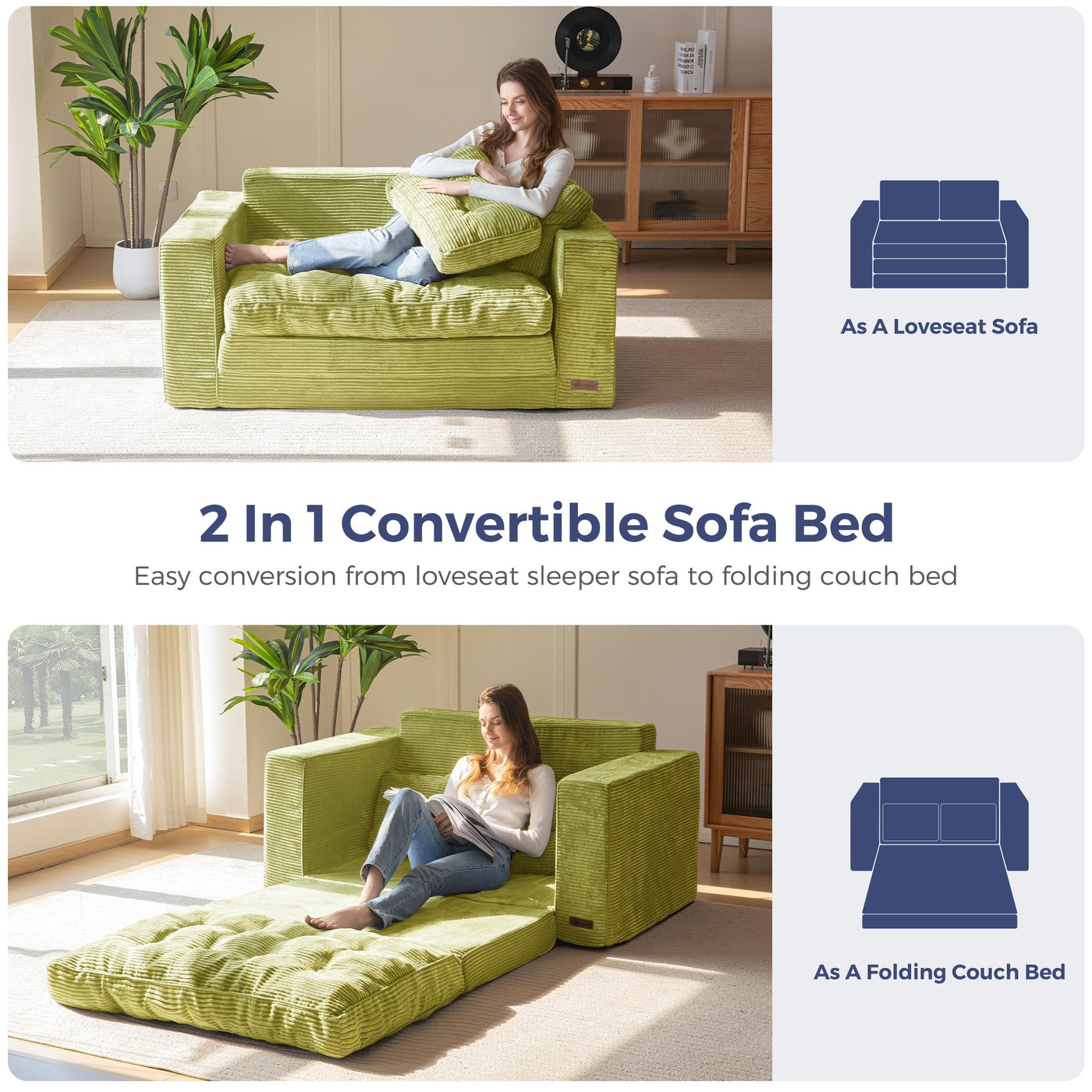 MAXYOYO Convertible Sofa Bed - 2 in 1 Folding Couch Bed, Green