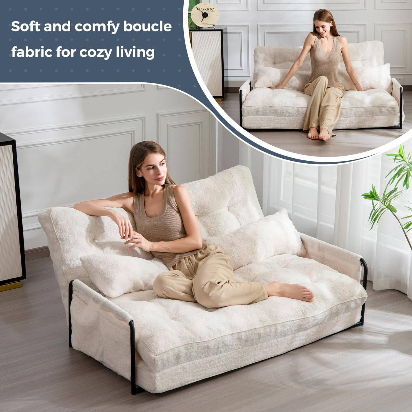MAXYOYO Adjustable Floor Sofa Couch with 2 Pillows, Boucle Convertible Lazy Sofa Sleeper Bed with Armrest, Double, Beige