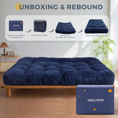 MAXYOYO 8" Tufted Futon Sofa Couch Bed, Thick Corduroy Fabric Floor Futon Mattress for Adults (Mattress Only), Navy