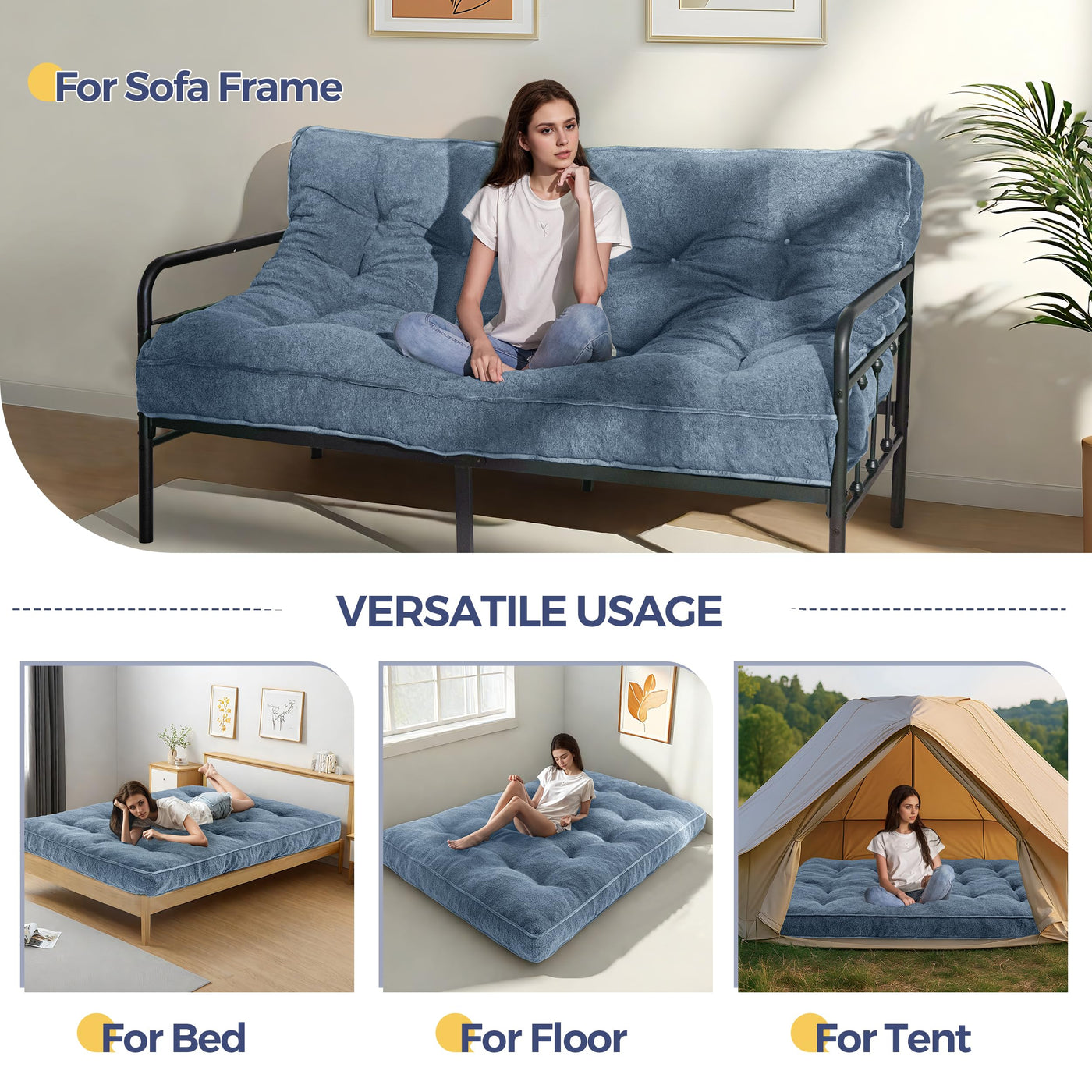MAXYOYO 6" Futon Mattress Full Size, Thick Boucle Futons Sofa Couch Bed Sleeper Sofa Bed Floor Mattress for Adults, Shredded Foam Filling (Frame Not Included), Dusty Blue