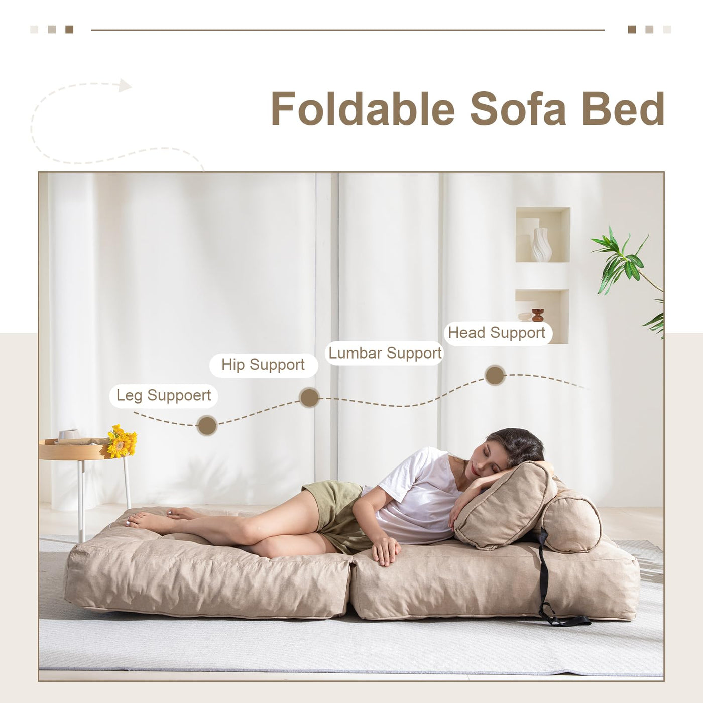 MAXYOYO Folding Couch Sofa Bed, Convertible Sleeper Chairs with Back Support and Pillow, Beige