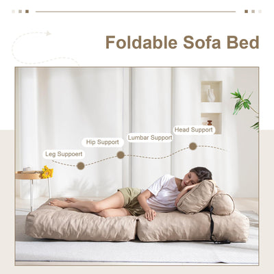 MAXYOYO Folding Couch Sofa Bed, Convertible Sleeper Chairs with Back Support and Pillow, Beige