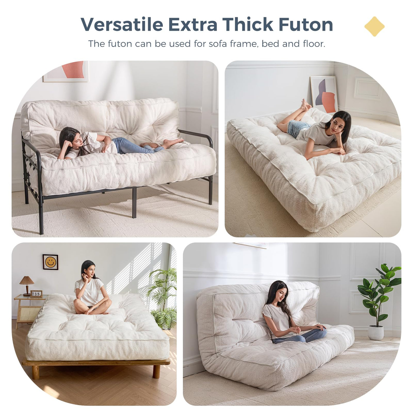 MAXYOYO 8" Tufted Futon Sofa Couch Bed, Thick Thick Boucle Floor Futon Mattress for Adults (Mattress Only), Beige
