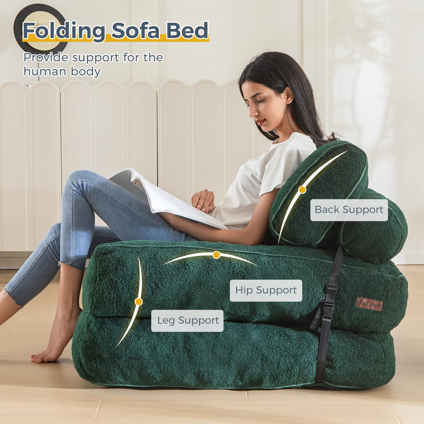 MAXYOYO Fuzzy Folding Sofa Bed, Convertible Sleeper Chair with Pillow Foldable Mattress with Back Support, Green