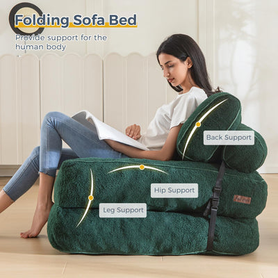 MAXYOYO Fuzzy Folding Sofa Bed, Convertible Sleeper Chair with Pillow Foldable Mattress with Back Support, Green