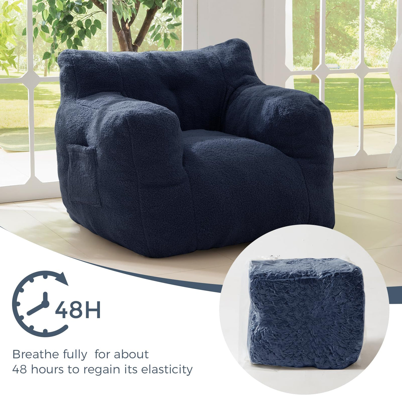 MAXYOYO Sherpa Bean Bag Chair, Boucle Tufted Bean Bag Couch, Living Room Bean Bag Lazy Sofa for Adults Kids, Navy