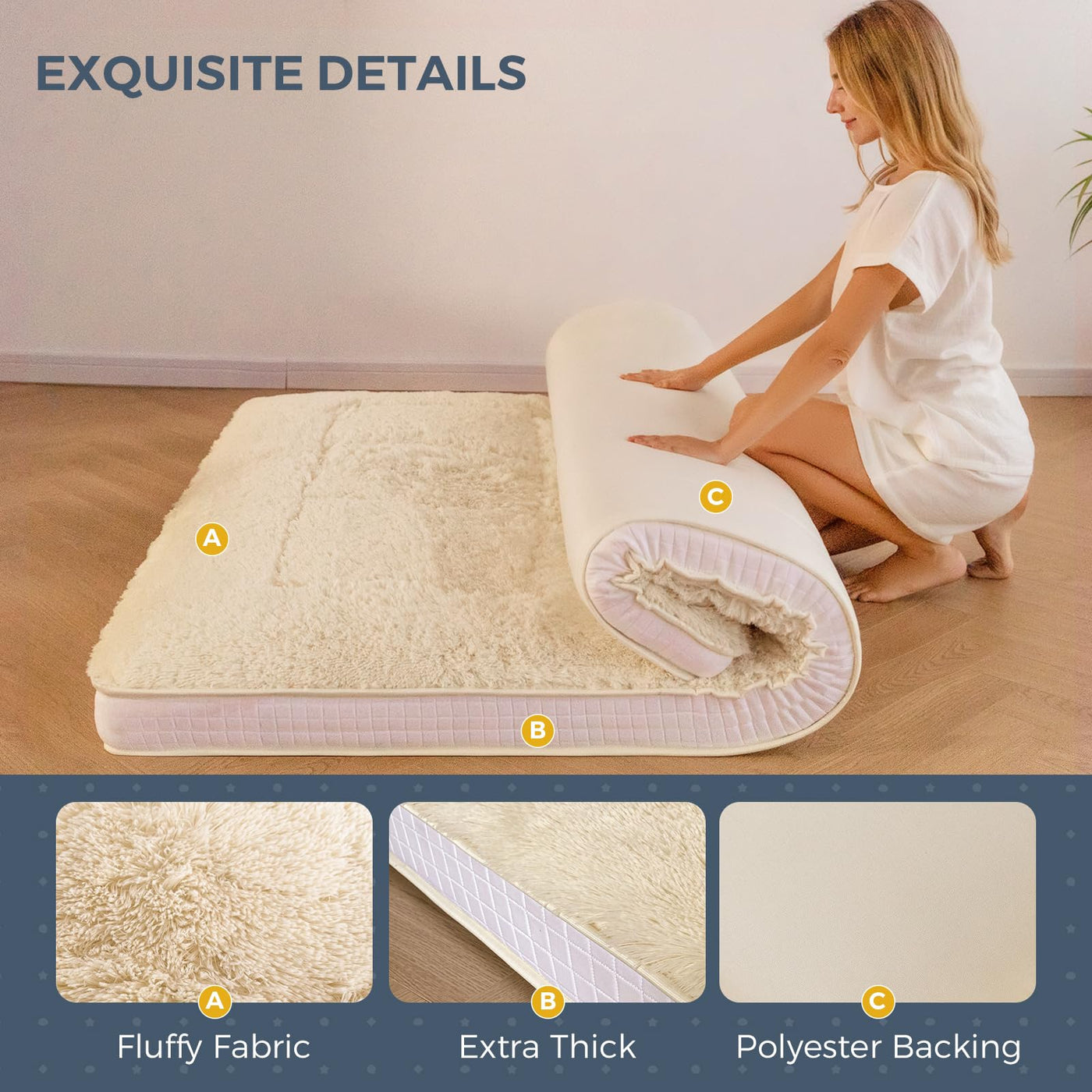 MAXYOYO 6" Extra Thick Fluffy Floor Futon Mattress, Long Plush Square Quilted Floor Mattress for Adults, Beige