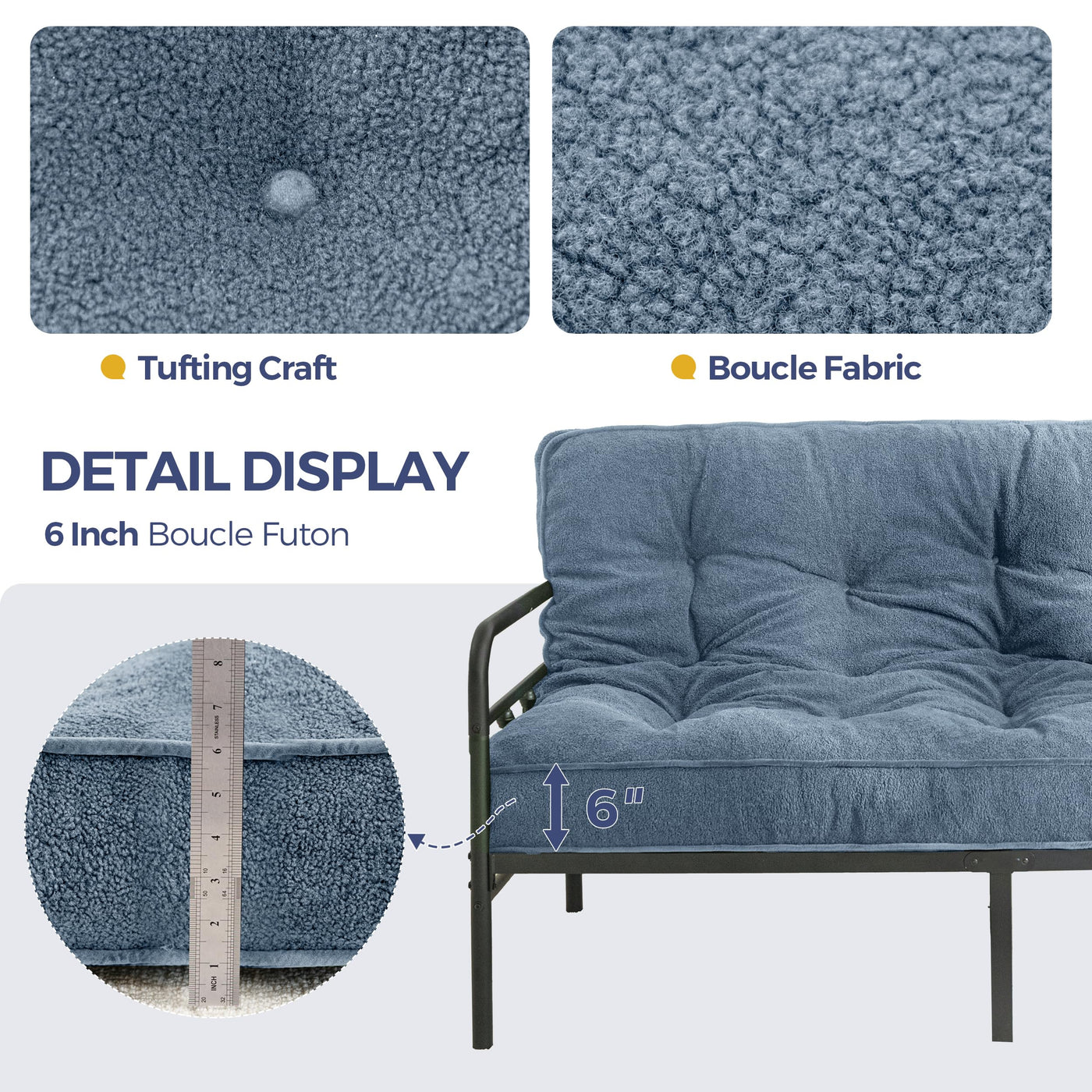 MAXYOYO 6" Futon Mattress Full Size, Thick Boucle Futons Sofa Couch Bed Sleeper Sofa Bed Floor Mattress for Adults, Shredded Foam Filling (Frame Not Included), Dusty Blue