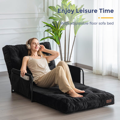 MAXYOYO Adjustable Floor Sofa Couch, Velvet Convertible Lazy Sofa Sleeper Bed with Pillow and Armrest, Single, Black