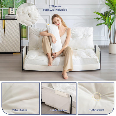 MAXYOYO Adjustable Floor Sofa Couch, Velvet Convertible Lazy Sofa Sleeper Bed with Pillows and Armrest, Double, Beige