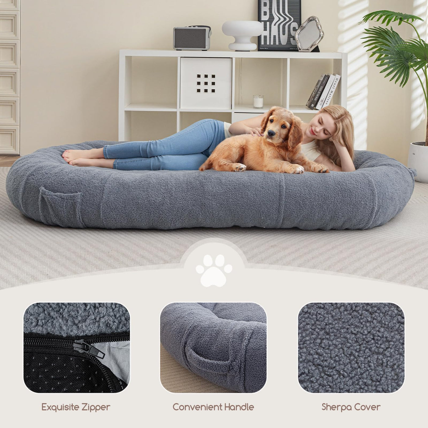 MAXYOYO Giant Dog Bed for Human, Sherpa Dog Bed for Humans Size Fits You and Pets, Smoky Blue