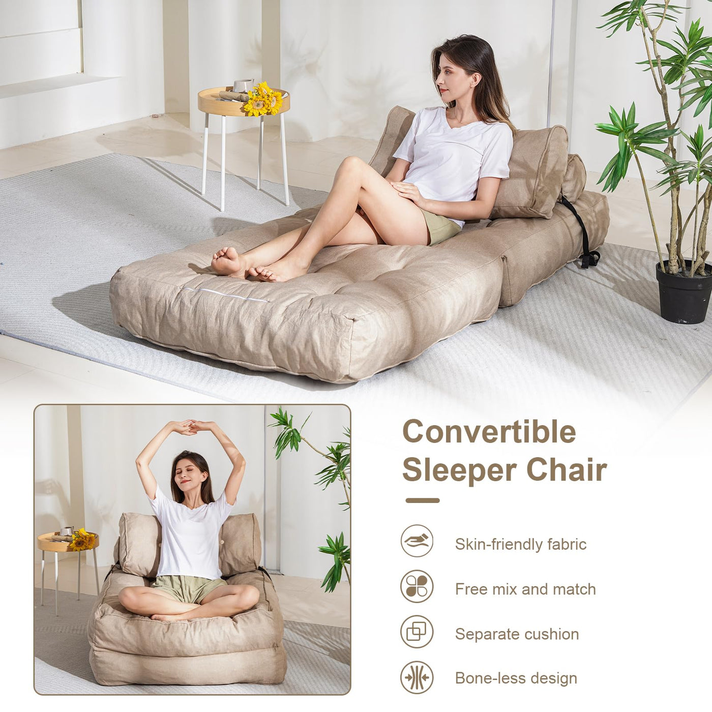MAXYOYO Folding Couch Sofa Bed, Convertible Sleeper Chairs with Back Support and Pillow, Beige