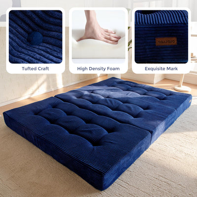 MAXYOYO Tri-Fold Mattress, 6 Inch Tufted Folding Mattress Full Foam Bed with Corded Fabric, Navy