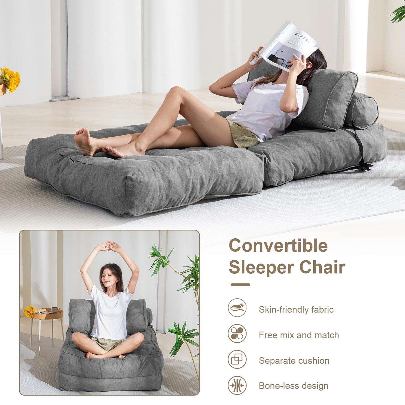 MAXYOYO Folding Couch Sofa Bed, Convertible Sleeper Chairs with Back Support and Pillow, Grey