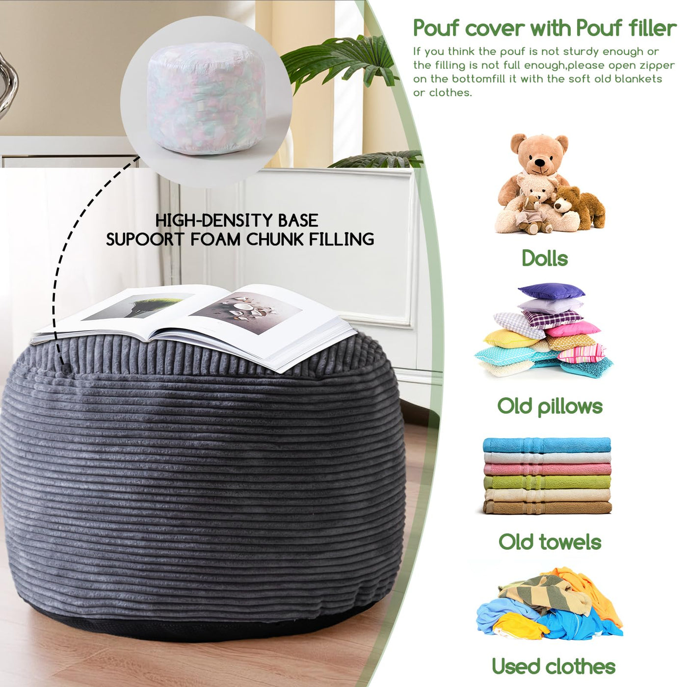 MAXYOYO Round Stuffed Pouf Ottoman, Corduroy Poufs with Foam Chunk Filling, 20 X 15In, Dark Grey
