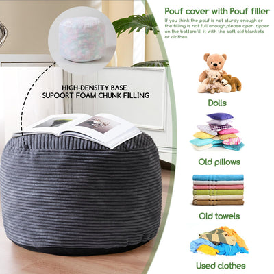 MAXYOYO Round Stuffed Pouf Ottoman, Corduroy Poufs with Foam Chunk Filling, 20 X 15In, Dark Grey
