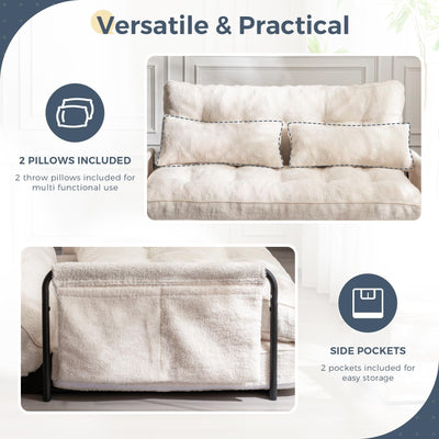 MAXYOYO Adjustable Floor Sofa Couch with 2 Pillows, Boucle Convertible Lazy Sofa Sleeper Bed with Armrest, Double, Beige