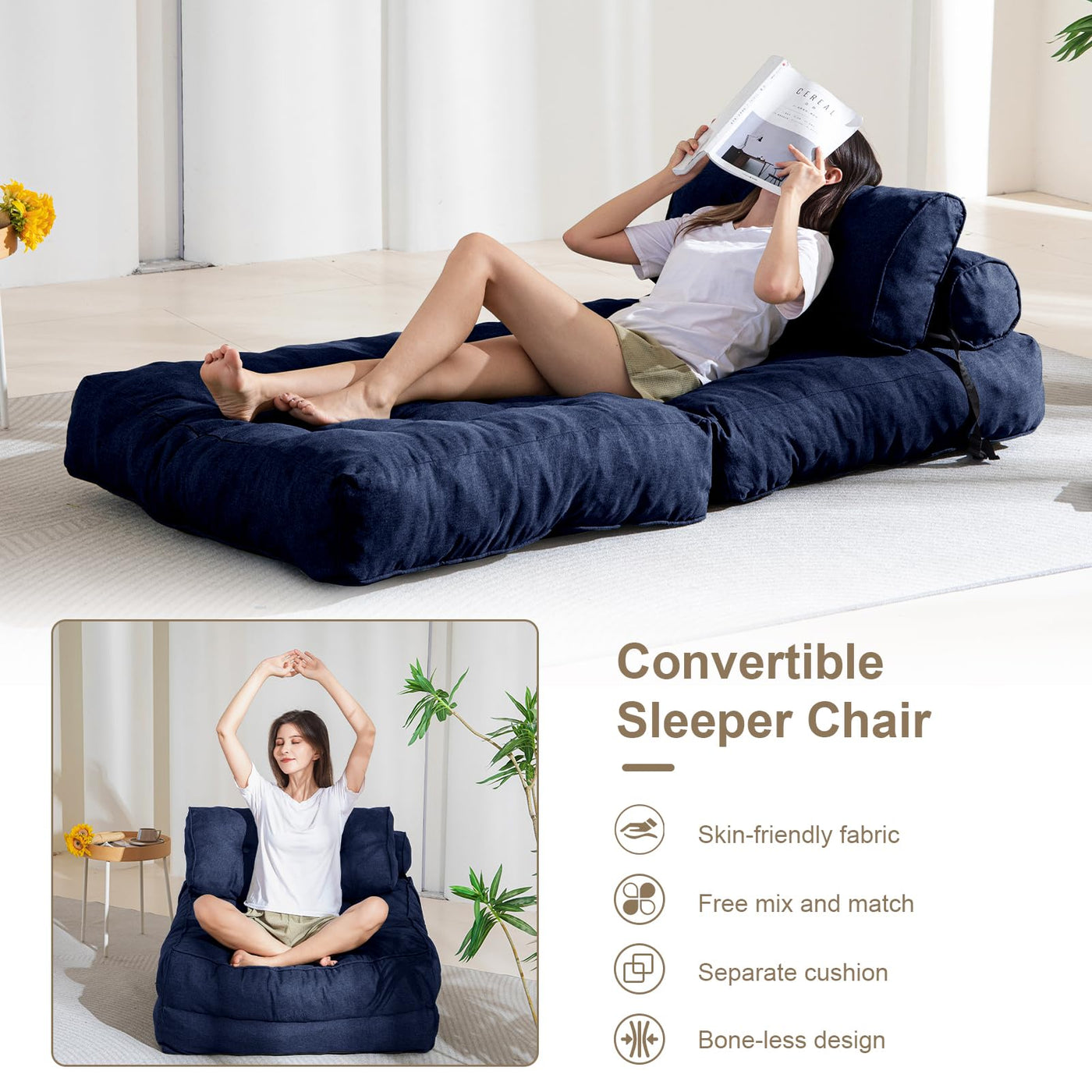 MAXYOYO Folding Couch Sofa Bed, Convertible Sleeper Chairs with Back Support and Pillow, Navy