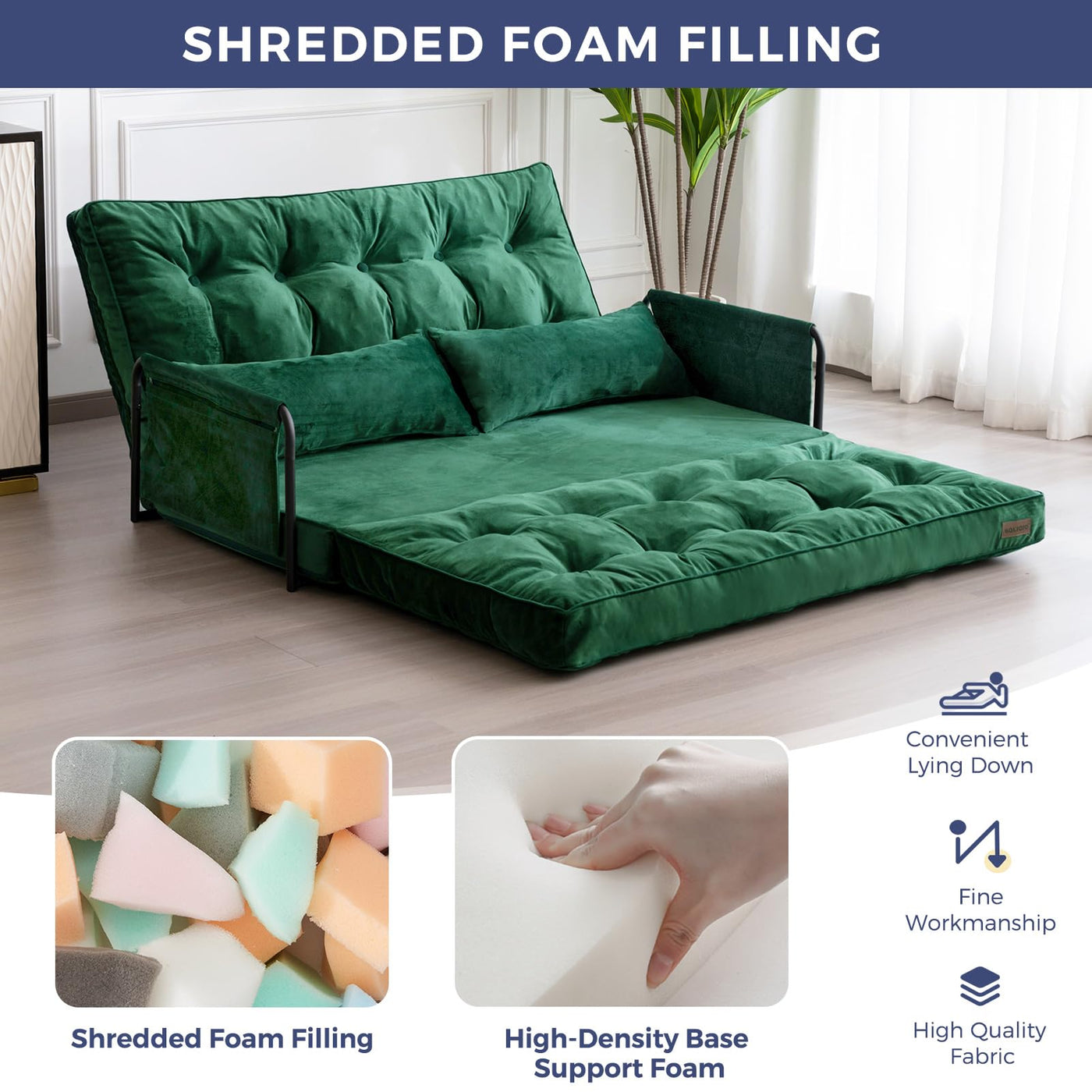 MAXYOYO Adjustable Floor Sofa Couch, Velvet Convertible Lazy Sofa Sleeper Bed with Pillows and Armrest, Double, Green