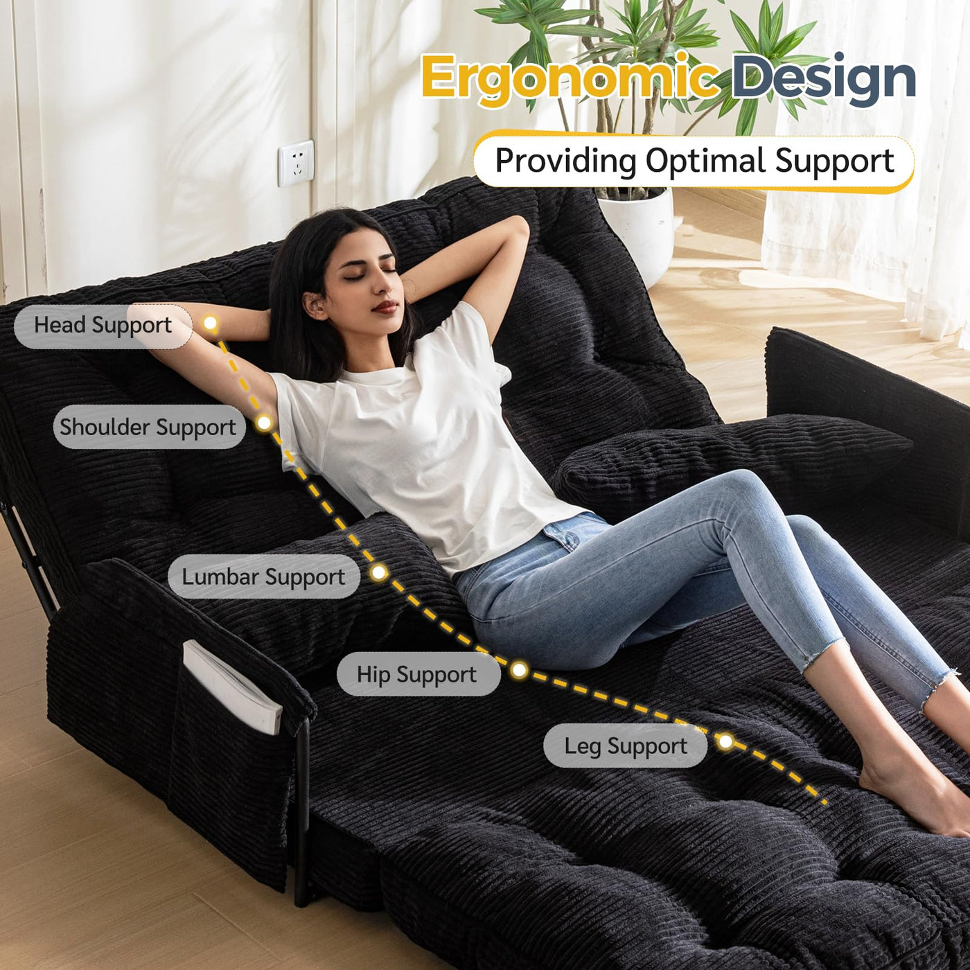 MAXYOYO Adjustable Floor Sofa Bed with 2 Pillows, Multi-Functional Bean Bag Sleeper Bed with Armrest for Reading Gaming, Black