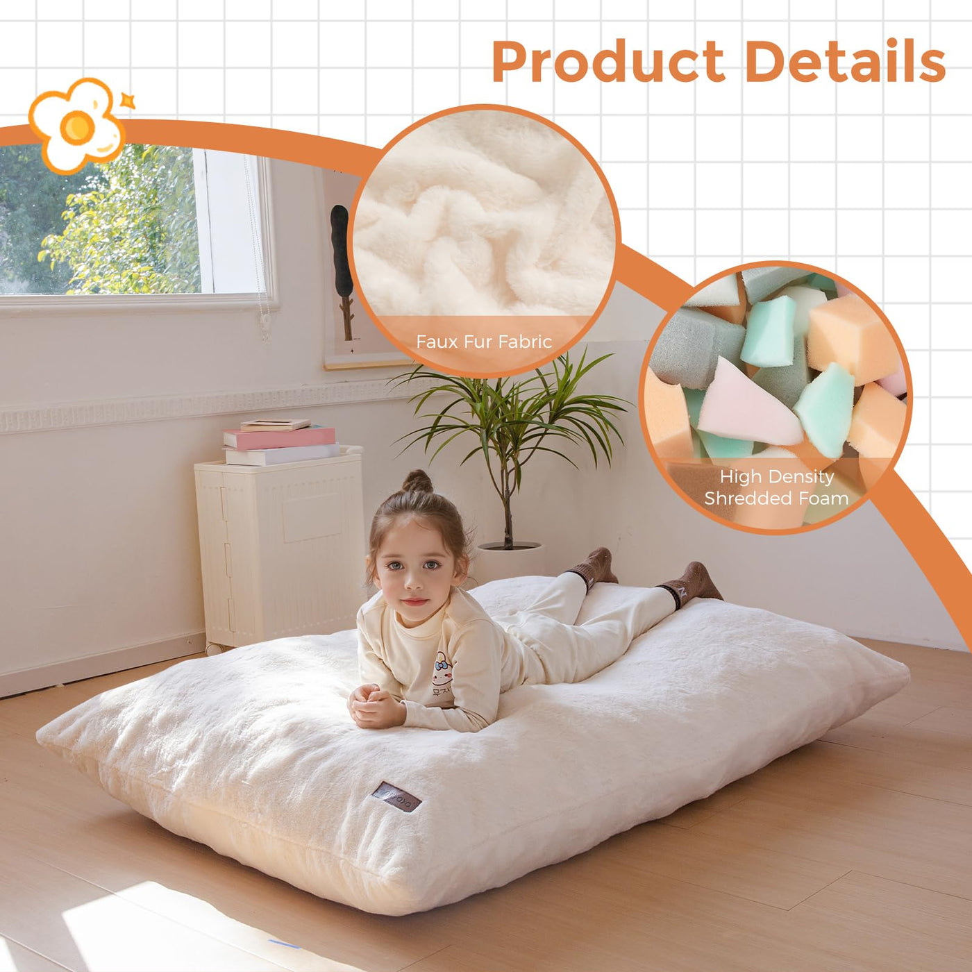 MAXYOYO 3 in 1 Kids Bean Bag Chair Bed, Faux Fur Child Floor Sofa for Gaming, Reading (Beige)
