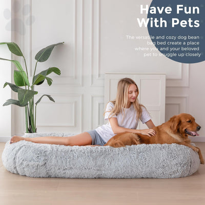 MAXYOYO Human Dog Bed, Long Faux Fur Giant Bean Bag Bed for Humans and Pets, Faux Fur Grey