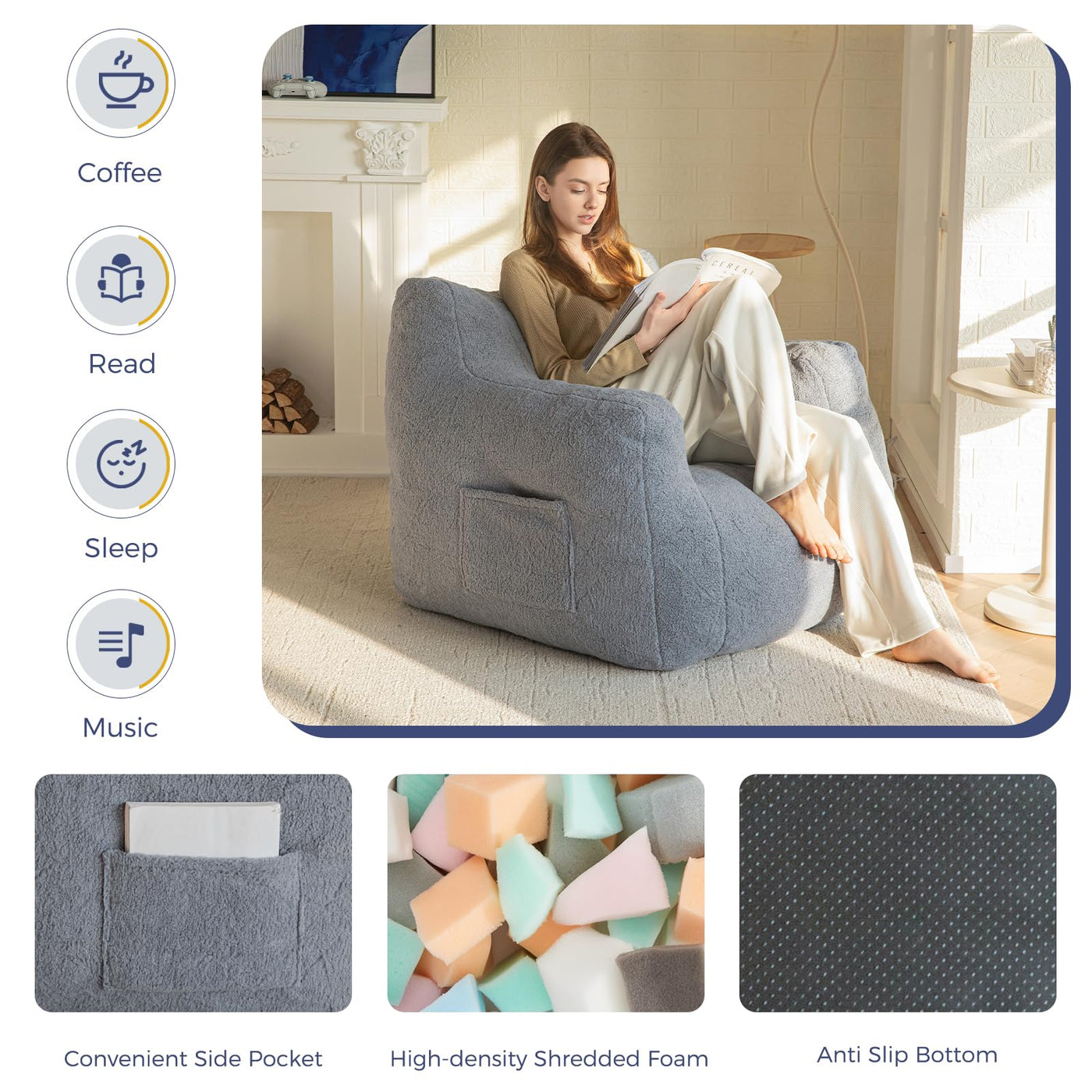 MAXYOYO Bean Bag Chair, Tufted Bean Bag Chair with Boucle Fabric, Comfy Lazy Sofa with Filler for Adults Teens, Grey