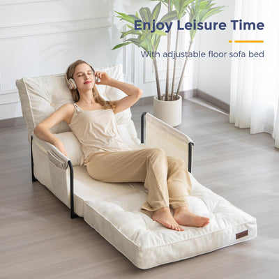 MAXYOYO Adjustable Floor Sofa Couch, Velvet Convertible Lazy Sofa Sleeper Bed with Pillow and Armrest, Single, Beige