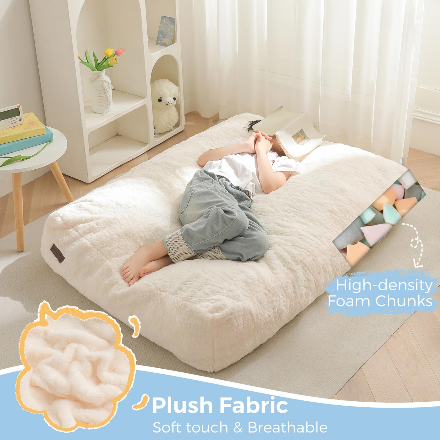 MAXYOYO Bean Bag Chair Bed for Kids, Convertible Bean Bag Folds from Lazy Chair to Floor Mattress Bed, Beige