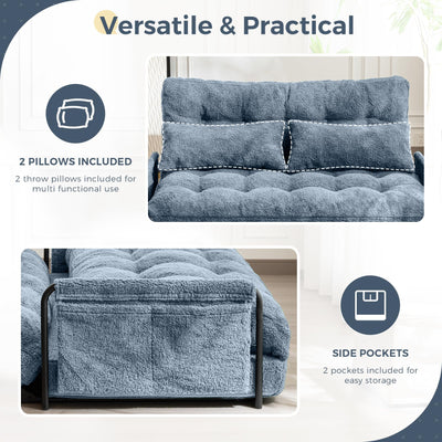 MAXYOYO Adjustable Floor Sofa Couch with 2 Pillows, Boucle Convertible Lazy Sofa Sleeper Bed with Armrest, Double, Dusty Blue