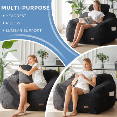 MAXYOYO Giant Bean Bag Chair with Pillow, Fuzzy Comfy Large Bean Bag Chair Couch for Reading and Gaming, Black