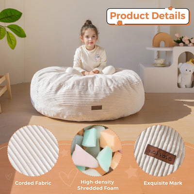 MAXYOYO 3-in-1 Kids Convertible Bean Bag Chair & Bed, Corduroy Round Child Floor Sofa for Gaming, Reading, Beige