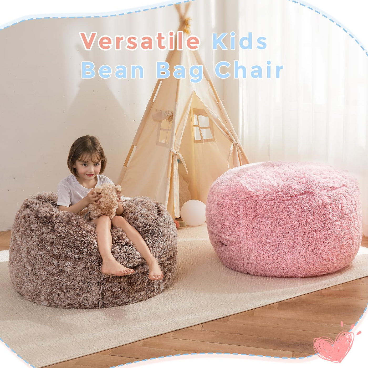 MAXYOYO Bean Bag Chair Bed for Kids, Plush Convertible Bean Bag Folds from Chair to Floor Mattress, Pink