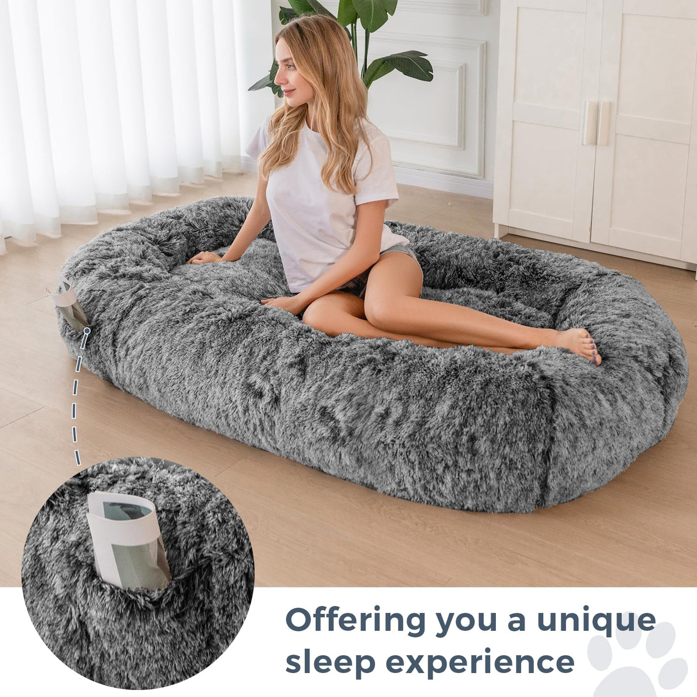 MAXYOYO Dog Bed for Human, Faux Fur Giant Bean Bag Bed for People Adults, 72.8"x45.3"x12"