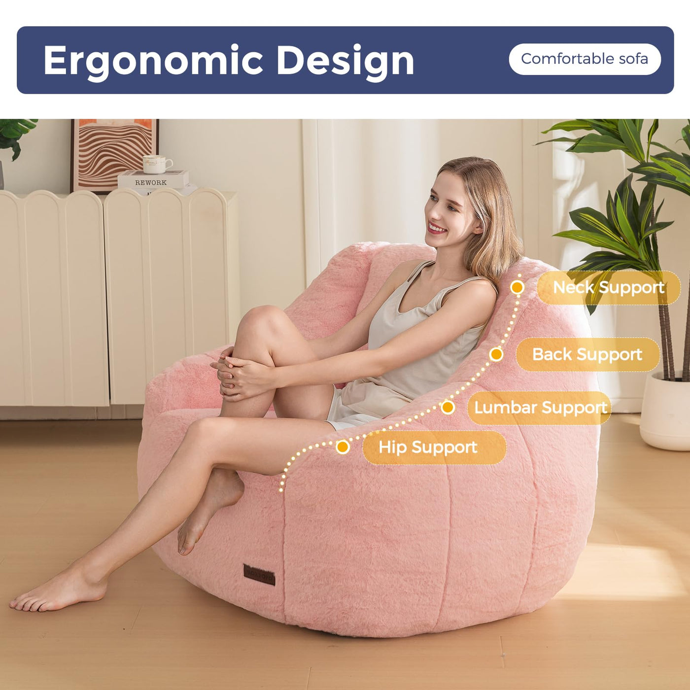 MAXYOYO Bean Bag Chair, Faux Fur Oversized Bean Bag Couch with High Backrest for Living Room, Bedroom, Apartment (Pink)