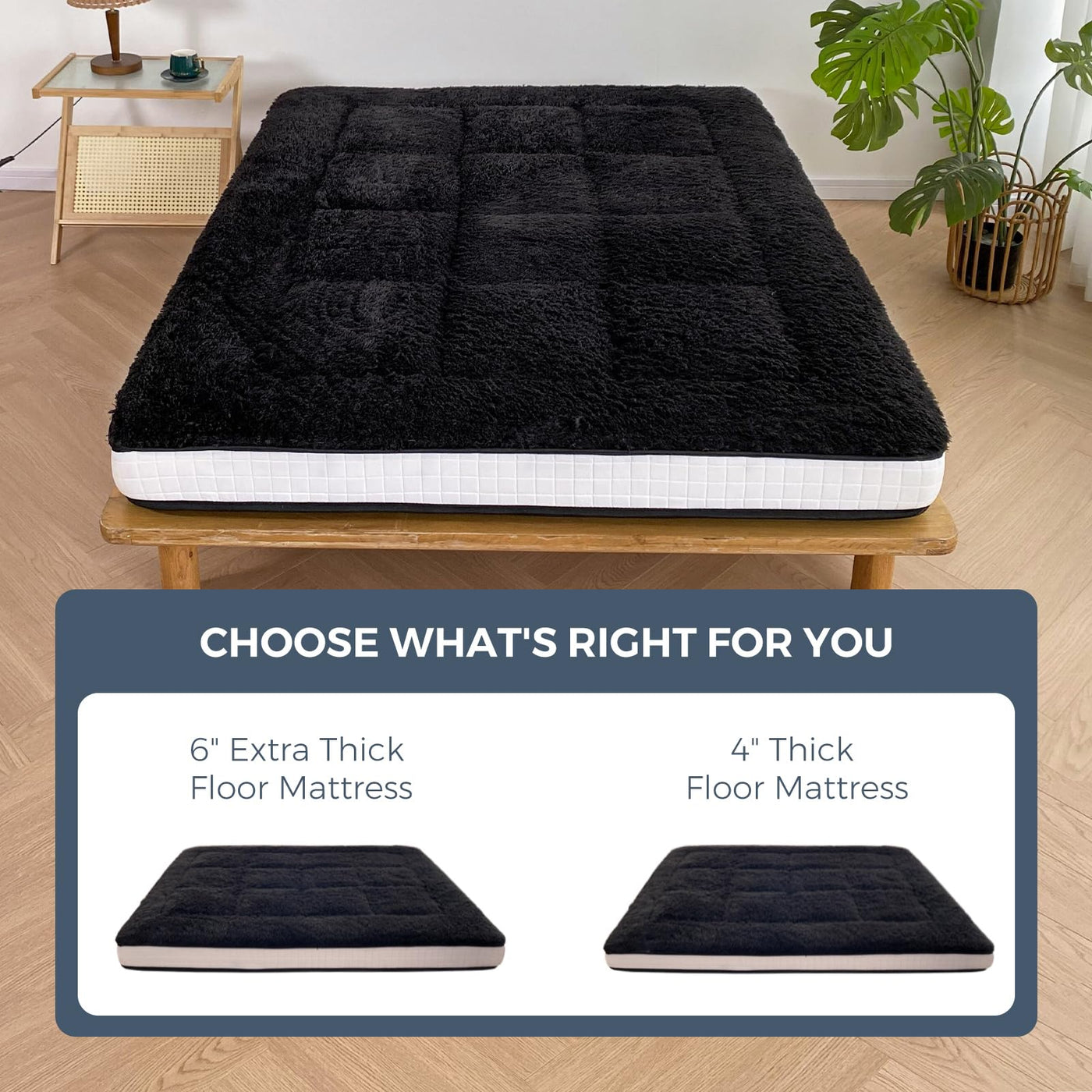 MAXYOYO 6" Extra Thick Fluffy Floor Futon Mattress, Long Plush Square Quilted Floor Mattress for Adults, Black