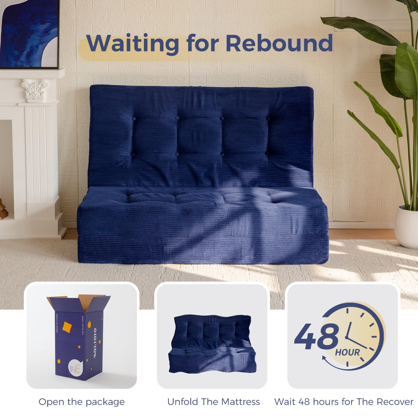 MAXYOYO Tri-Fold Mattress, 6 Inch Tufted Folding Mattress Full Foam Bed with Corded Fabric, Navy